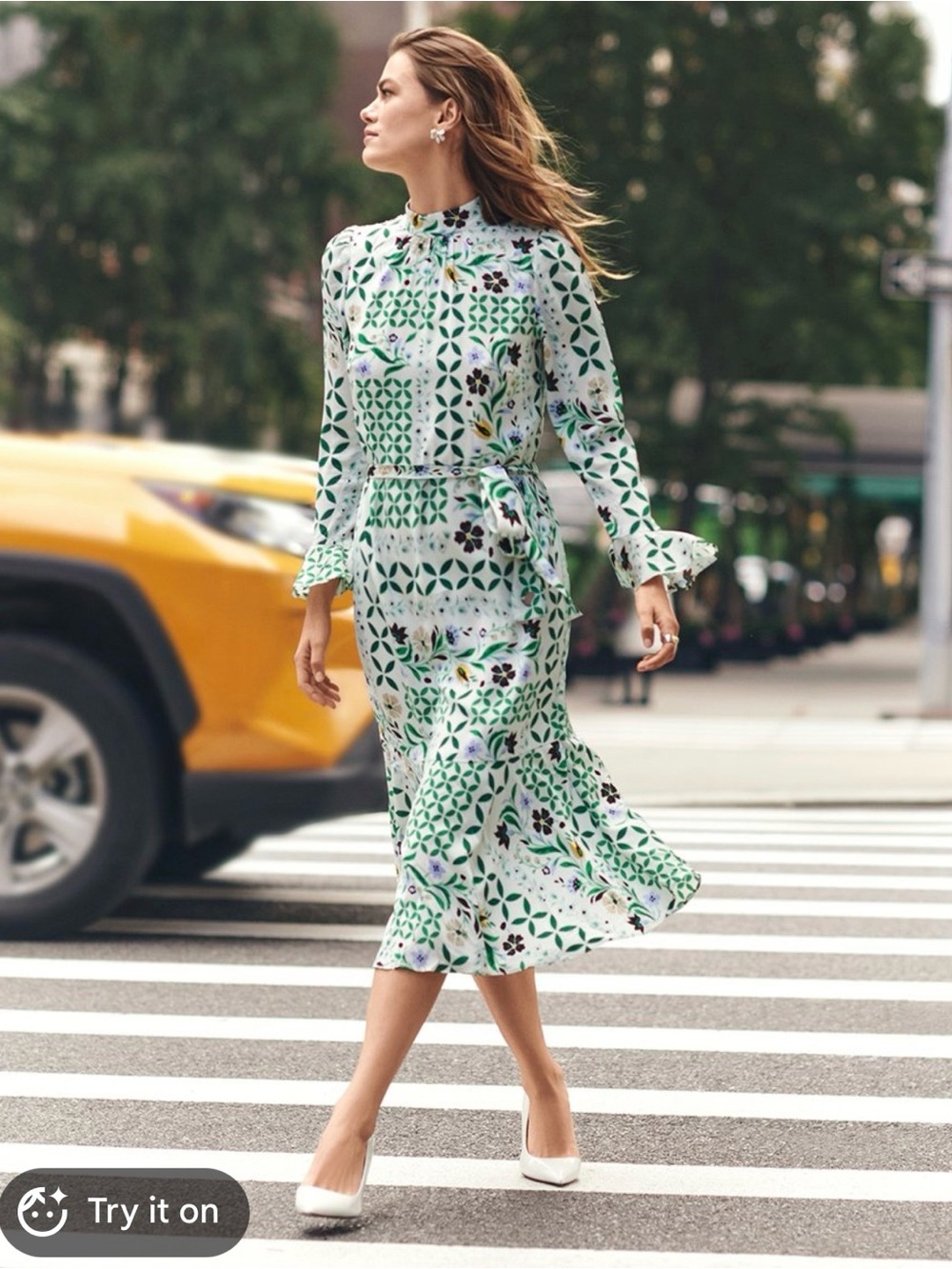 Art Deco Feminine Fit and Flare Green and White Floral Dress with Ruffles NWT